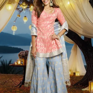 rose abstract printed lace jacquard a line kurta, sharara and dupatta set