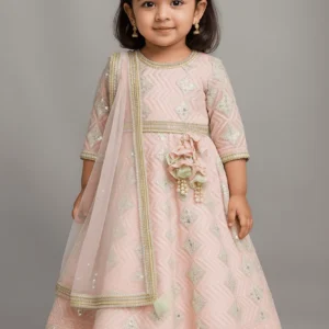 pink gota green net frill embroidery anarkali with net dupatta for girls