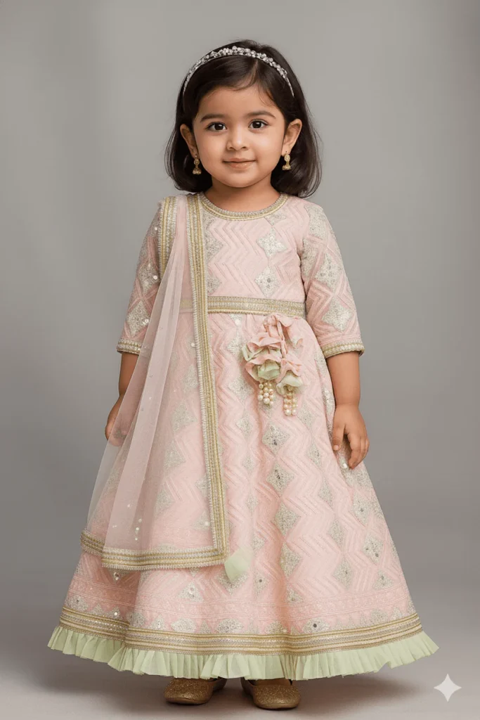 pink gota green net frill embroidery anarkali with net dupatta for girls